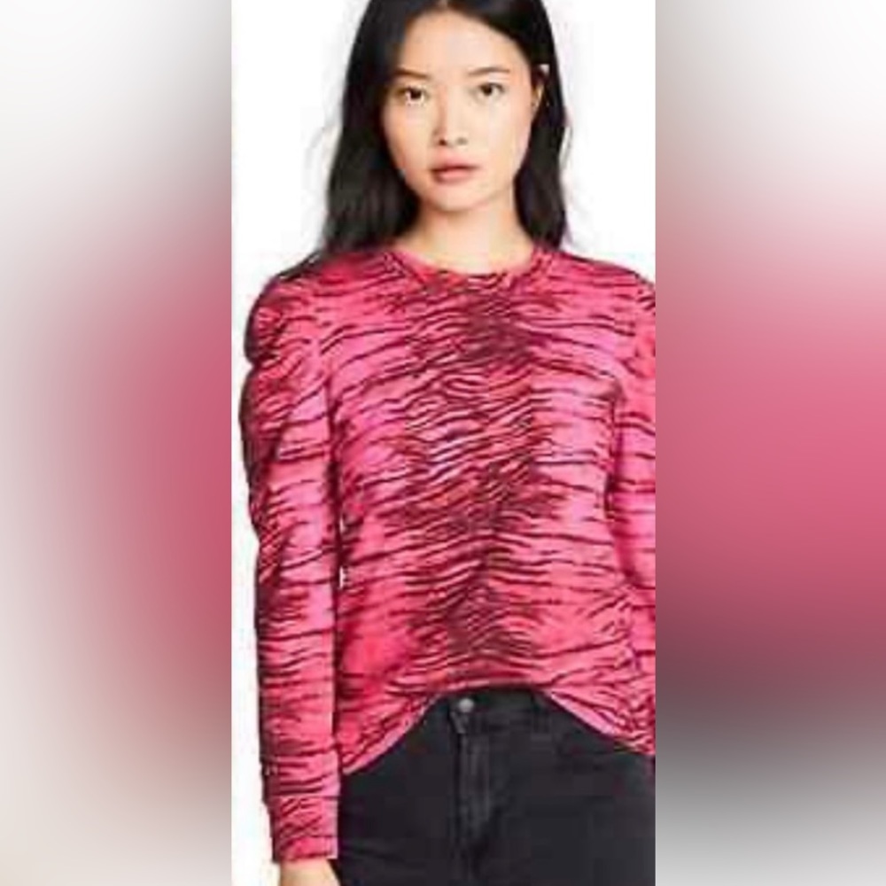 Pam & Gela Sweater Size Large Pink Tiger Animal Print Puff Sleeve Cotton Retro N